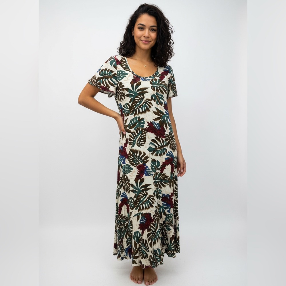 New HILO HATTIE‎ Hawaiian Tropical Maxi Dress Cream L Short Sleeve Rayon Tea